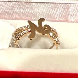 NEW Golden open ring  letter “N”  accented with sides rhinestones Sz 7